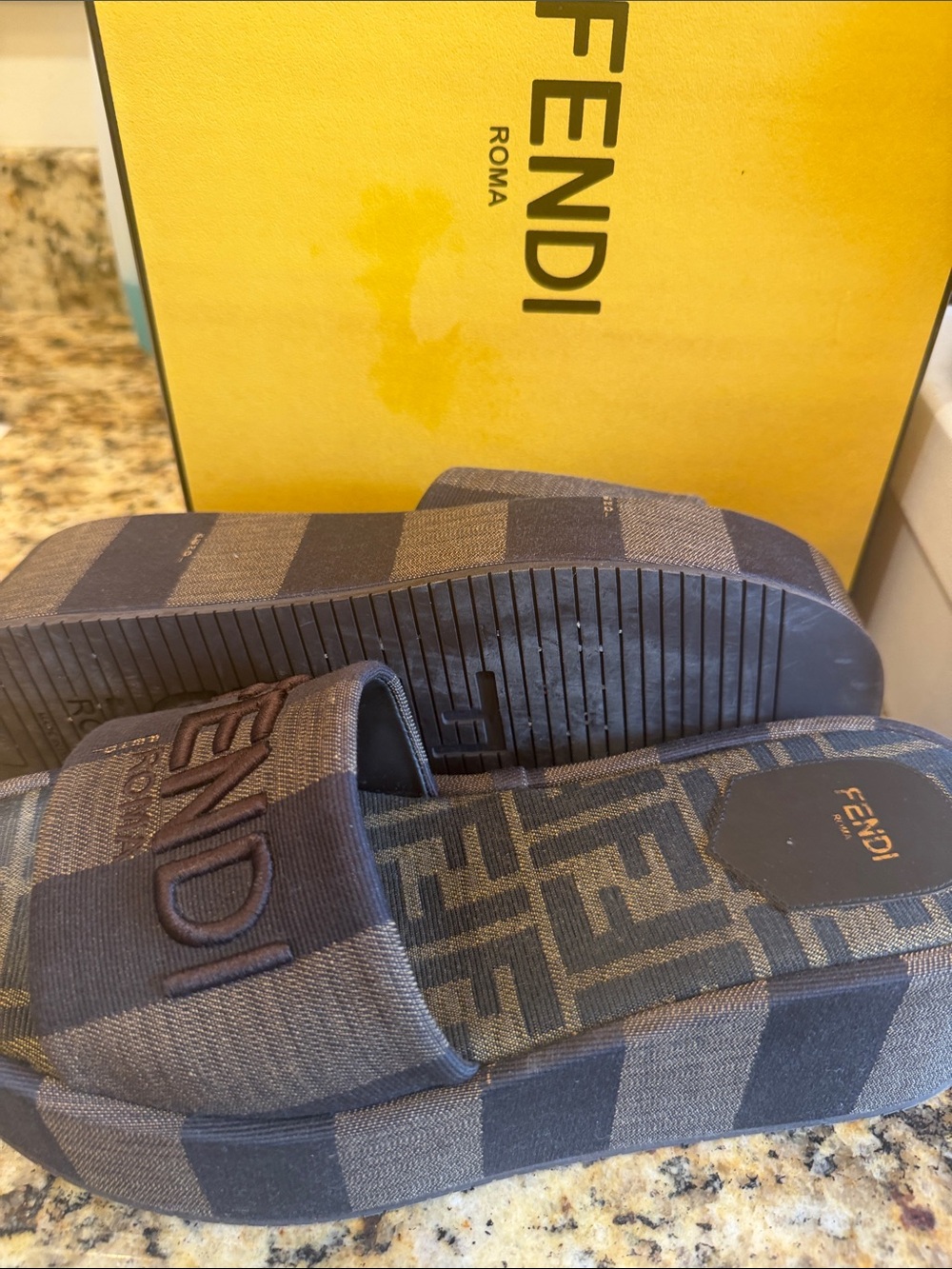Fendi Brown Striped Platform Slide with Logo Strap - Picture 4 of 5